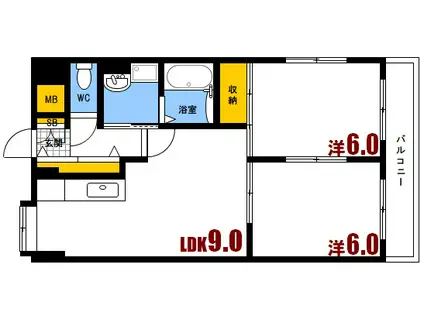 リバーサイドハイツトウトク(2LDK/4階)の間取り写真