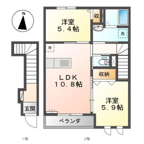 ディアベルジュ輝(2LDK/2階)の間取り写真
