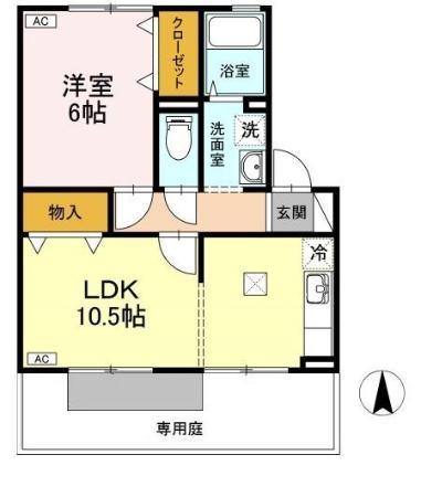 シャルマン笹沖B棟(1LDK/1階)の間取り写真