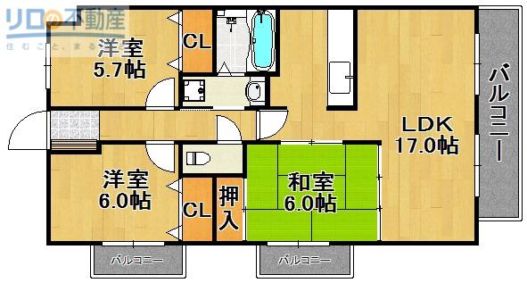 ボヌール宝塚(3LDK/3階)の間取り写真