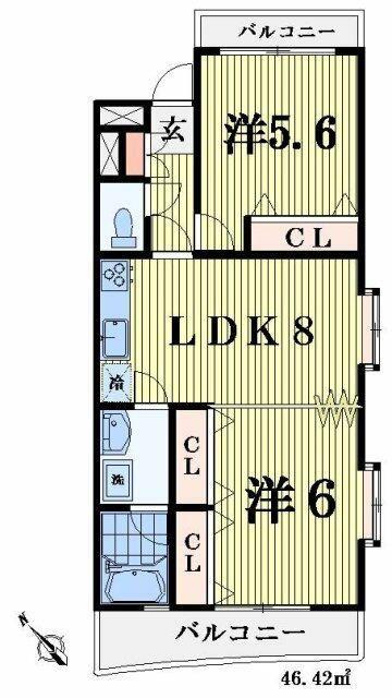 ジーカレント(2LDK/2階)の間取り写真