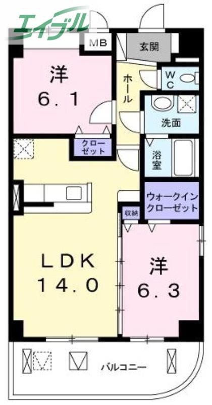 サザンクロス(2LDK/3階)の間取り写真