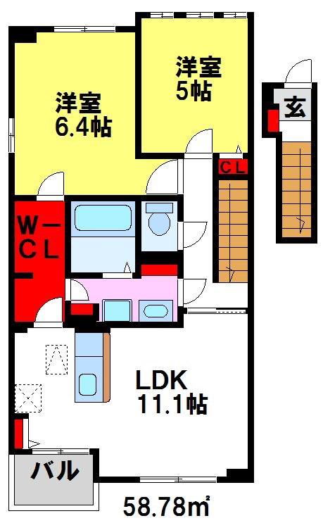 ツァルト小郡(2LDK/2階)の間取り写真