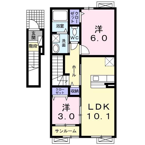 ソレイユ高屋B(2LDK/2階)の間取り写真