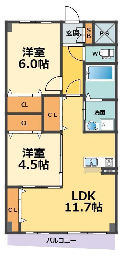 グランノーブル西宮(2LDK/2階)の間取り写真