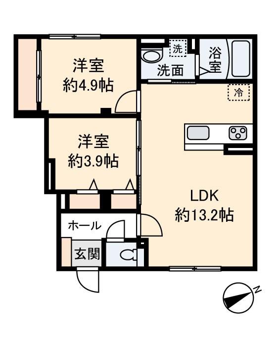 レトアデュエット磯子区田中B(2LDK/1階)の間取り写真