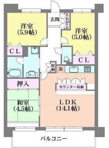 サンコート花山(3LDK/4階)の間取り写真