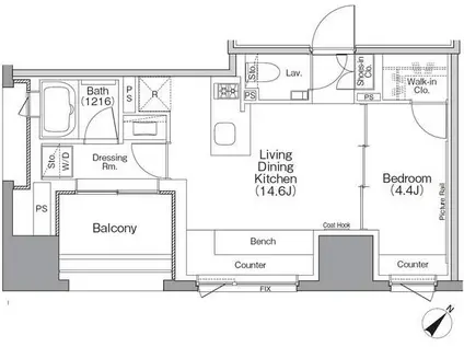 ザ・パークハビオSOHO横浜関内(1LDK/2階)の間取り写真