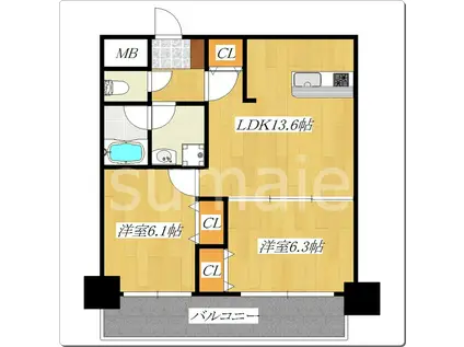 フクロク・レーヴ・マンション(2LDK/6階)の間取り写真