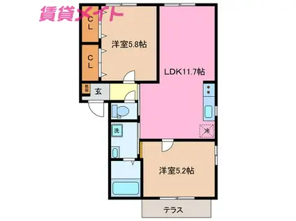 ビバリーK&A D棟(2LDK/1階)の間取り写真