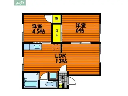 ドミアゼリアB(2LDK/1階)の間取り写真