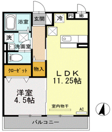 ソレイユ富任B棟(1LDK/1階)の間取り写真
