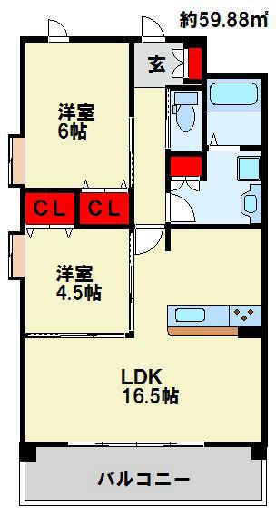 ルネス到津の森(2LDK/4階)の間取り写真
