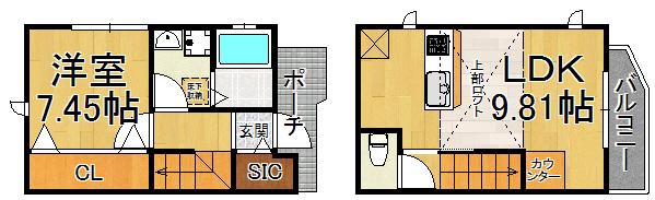 ベルリード クプル 仁川(1LDK/1階)の間取り写真