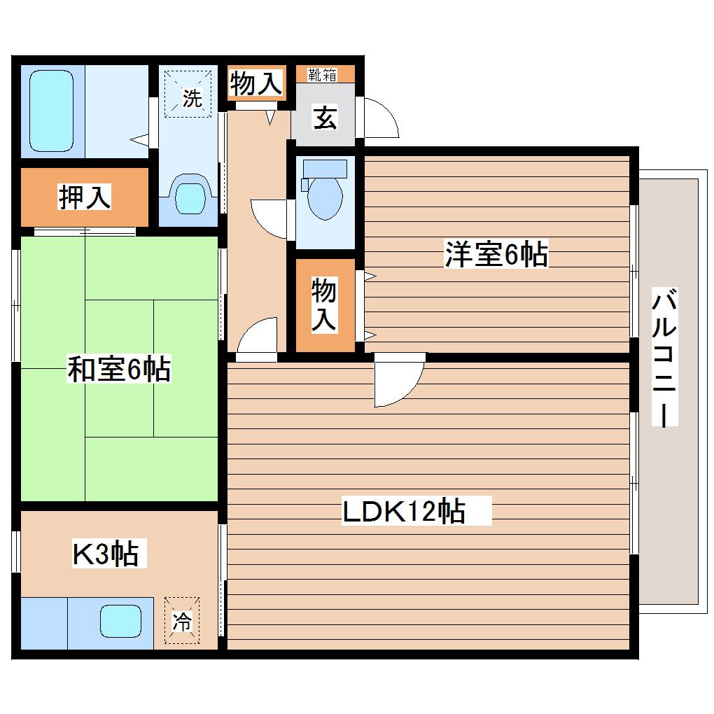 サンビレッジ国見ケ丘C棟(2LDK/2階)の間取り写真