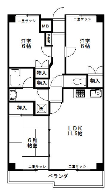 スカイビレッジ立川(3LDK/5階)の間取り写真