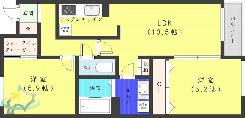 LAPEACE菊水(2LDK/2階)の間取り写真