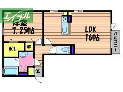 キャスバル B棟(1LDK/2階)の間取り写真