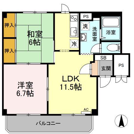 グランデュール高柳 B棟(2LDK/2階)の間取り写真