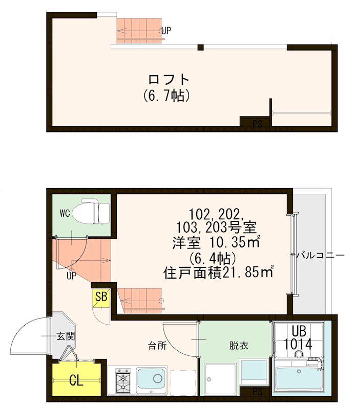 センターヴィラ2号館(1K/2階)の間取り写真