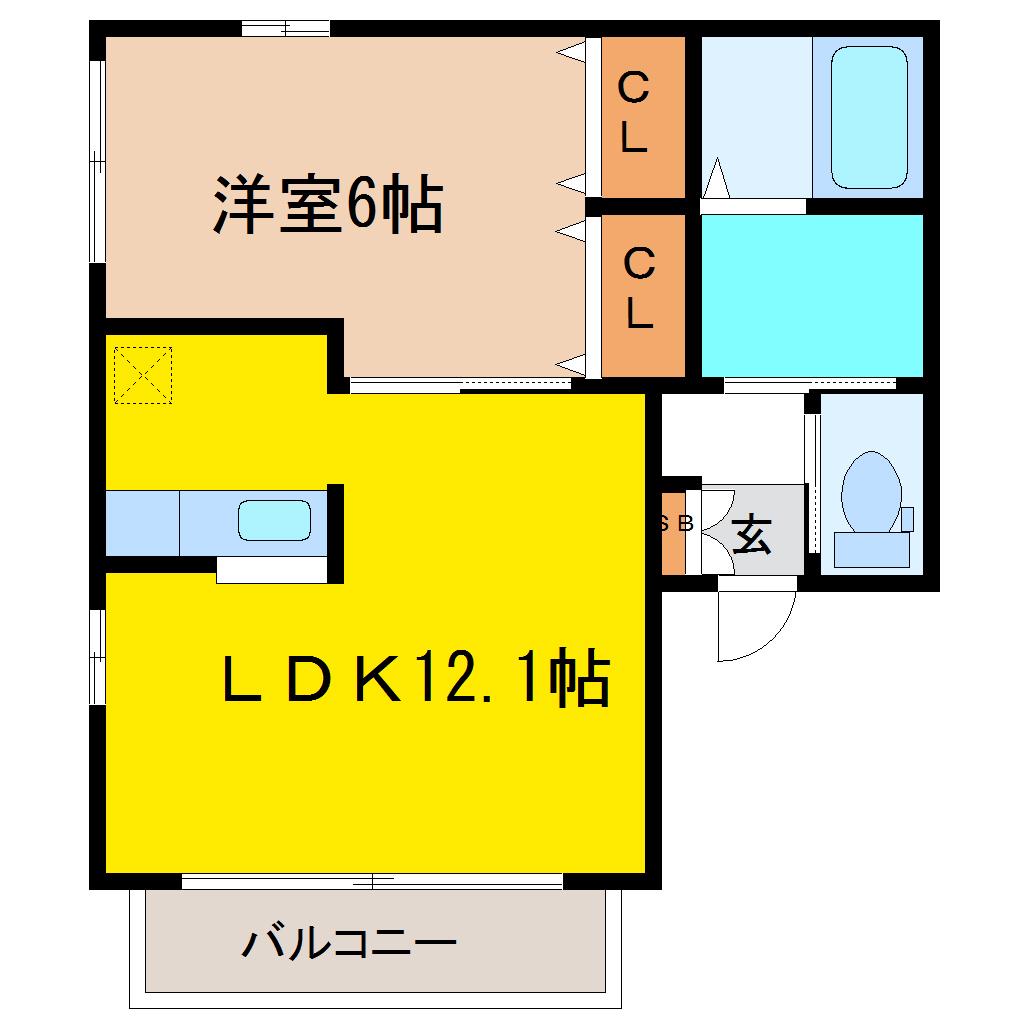ノエル若林B棟(1LDK/1階)の間取り写真