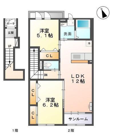 ユニヴァリィ ルミナスKII(2LDK/2階)の間取り写真
