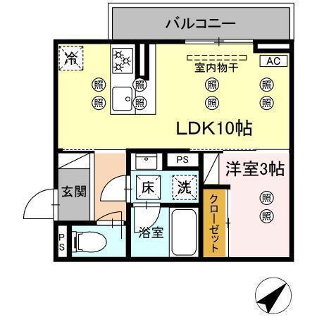  ディアライズ旭通 B棟(1LDK/1階)の間取り写真