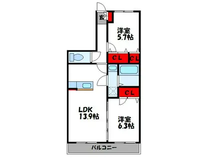 FELICE NAGAKUNI(2LDK/3階)の間取り写真