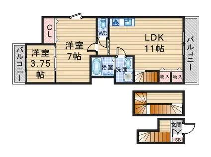 G NAISON 豊中蛍池(2LDK/3階)の間取り写真