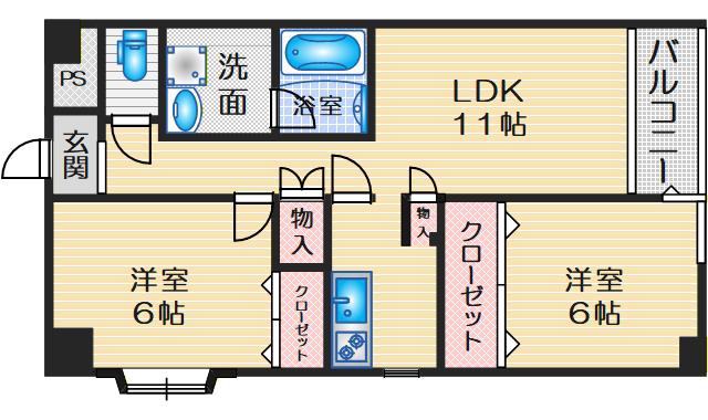 ロアール豊中(2LDK/4階)の間取り写真