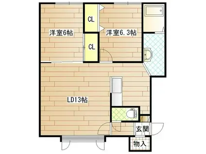 ファーレII(2LDK/1階)の間取り写真