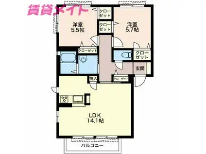 グリーンハウスLATTE B棟(2LDK/2階)の間取り写真