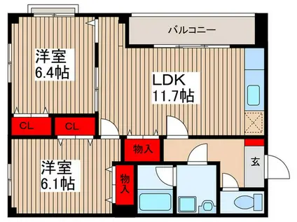 カーサ・ディ・オンブレロ(2LDK/3階)の間取り写真