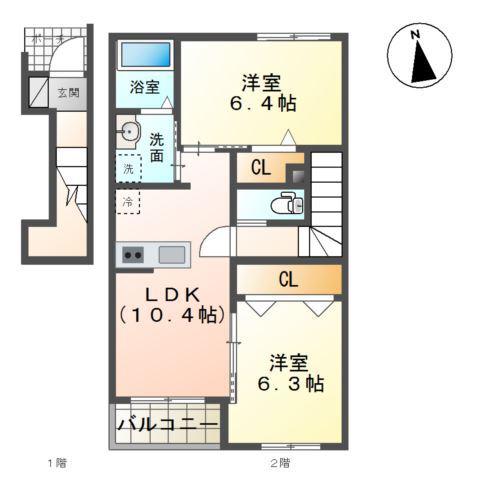 ユニヴァリィエスポアール(2LDK/2階)の間取り写真