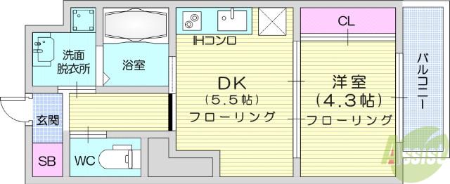 LA DOUCEUR片平(1DK/8階)の間取り写真