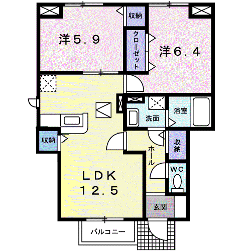 プリヴェイル中松山(2LDK/1階)の間取り写真