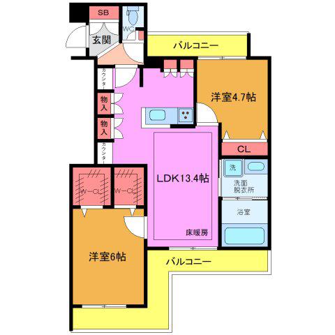 クレ ド ボヌール(2LDK/4階)の間取り写真