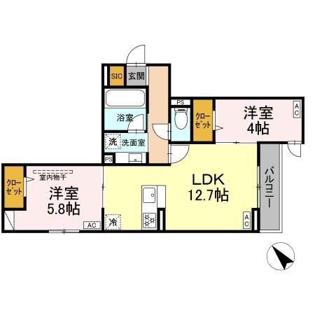 ドムスクレスト清新二丁目(2LDK/2階)の間取り写真