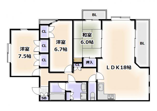 CITY SPIRE夕陽丘(3LDK/6階)の間取り写真