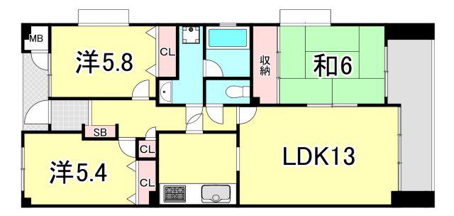パークハイム芦屋呉川町(3LDK/5階)の間取り写真