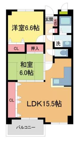 セレッソカージェ芦屋(2LDK/2階)の間取り写真