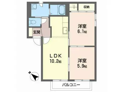 ハーモニアスKB(2LDK/2階)の間取り写真