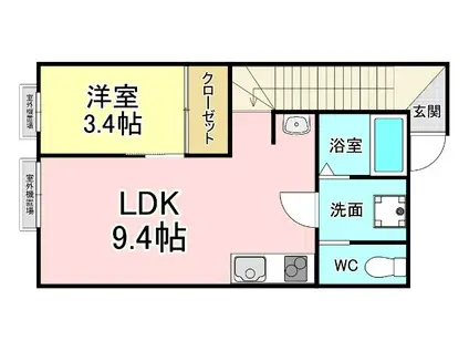 ロデスマン三萩野(1LDK/2階)の間取り写真
