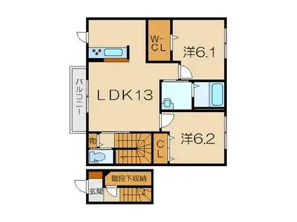 ワンウィルC棟(2LDK/2階)の間取り写真
