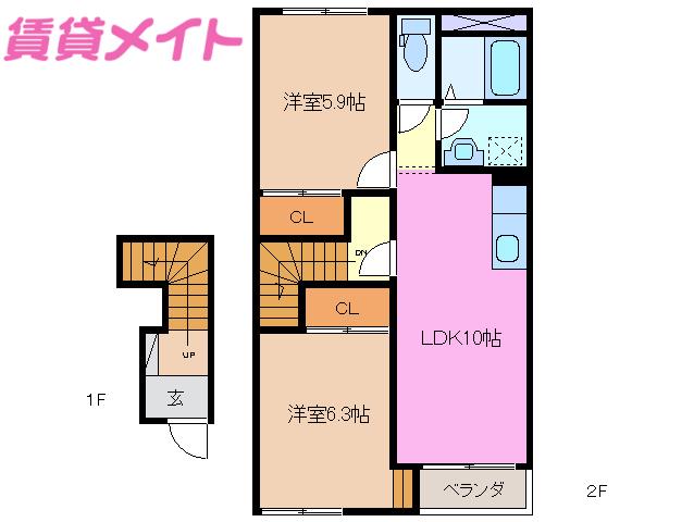 フォレストヴィラ I(2LDK/2階)の間取り写真