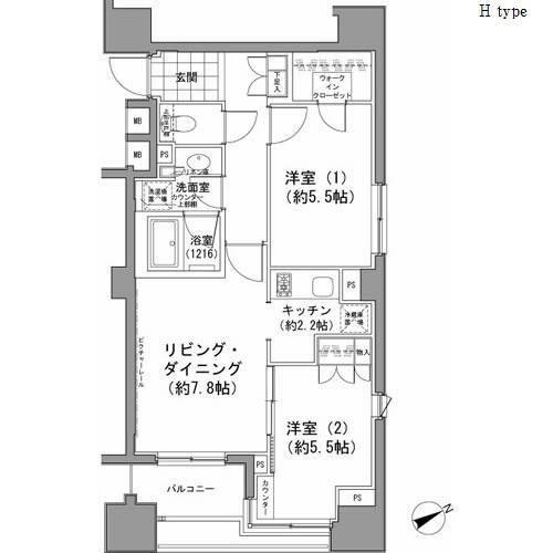 パークハビオ八丁堀(2LDK/3階)の間取り写真