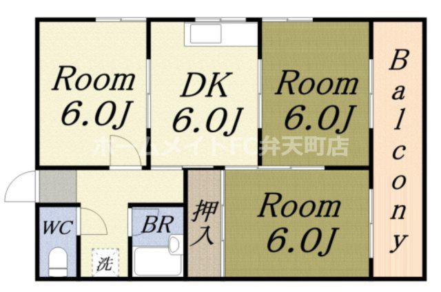 サンハイツ市岡(3DK/4階)の間取り写真