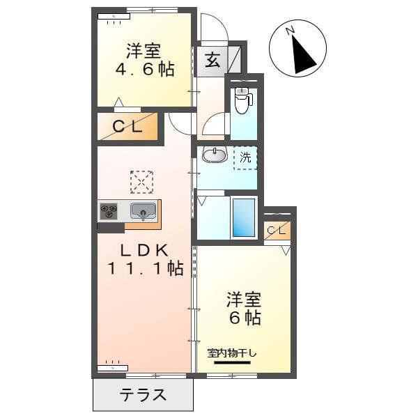 プリムヴェール大内 D棟(2LDK/1階)の間取り写真