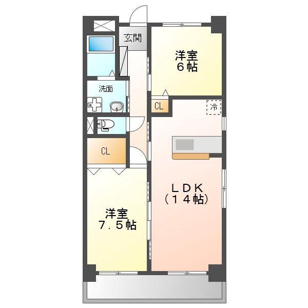 ハピネ音聞山(2LDK/1階)の間取り写真
