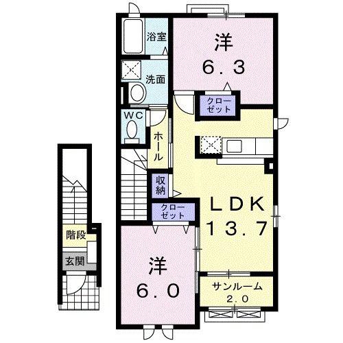 クロスロード沢DEUX(2LDK/2階)の間取り写真
